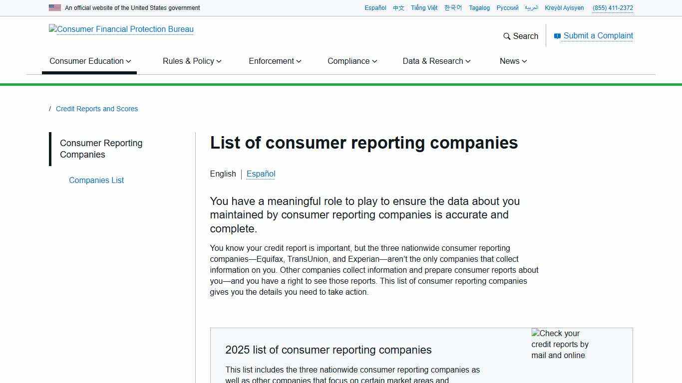 Consumer reporting companies Consumer Financial Protection Bureau